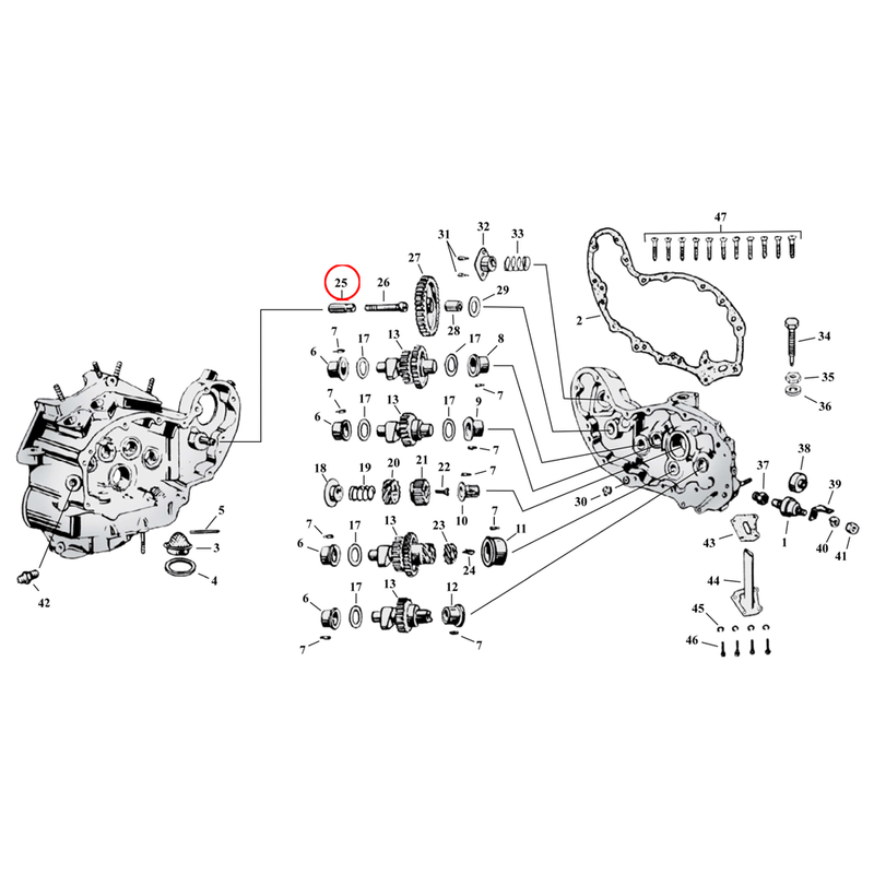 Cam Drive / Cover Parts Diagram Exploded View for Harley 45" Flathead 25) 32-73 45" SV. Stud, idler gear. Replaces OEM: 25788-30