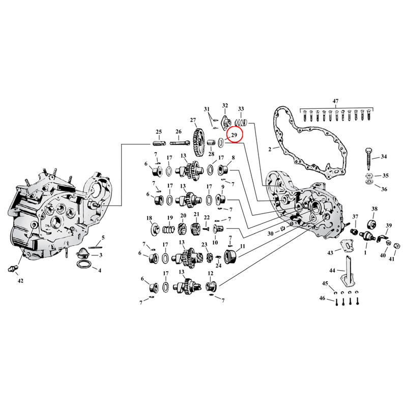 Cam Drive / Cover Parts Diagram Exploded View for Harley 45" Flathead 29) 32-73 45" SV. James seal washer, idler gear. Replaces OEM: 25811-11
