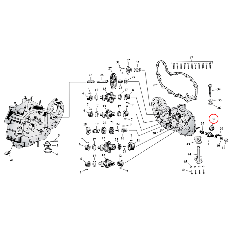 Cam Drive / Cover Parts Diagram Exploded View for Harley 45" Flathead 38) 58-E63 45" SV. Rubber boot, oil pressure switch. Replaces OEM: 26553-58