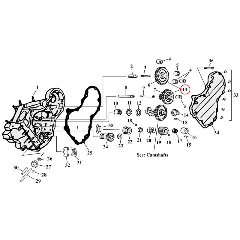 Cam Drive / Cover Parts Diagram Exploded View for Harley Knuckle / Pan / Shovel 13) 36-69 OHV Big Twin. S&S circuit breaker gear assembly with standard rotation (standard replacement). (drive gear + shaft , idler gear + shaft, driven gear distributor, roll pin & 2 shims)