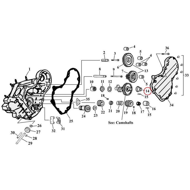 Cam Drive / Cover Parts Diagram Exploded View for Harley Knuckle / Pan / Shovel 14) 36-69 Big Twin. Jims standard size (1.0035" OD) bushing, camshaft, outer. Replaces OEM: 25581-36