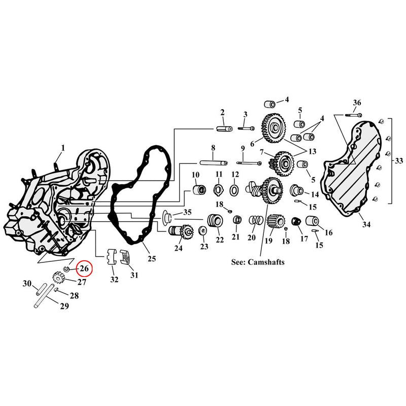 Cam Drive / Cover Parts Diagram Exploded View for Harley Knuckle / Pan / Shovel 26) 36-99 Big Twin. Retaining ring, oil pump drive shaft. Replaces OEM: 26348-36