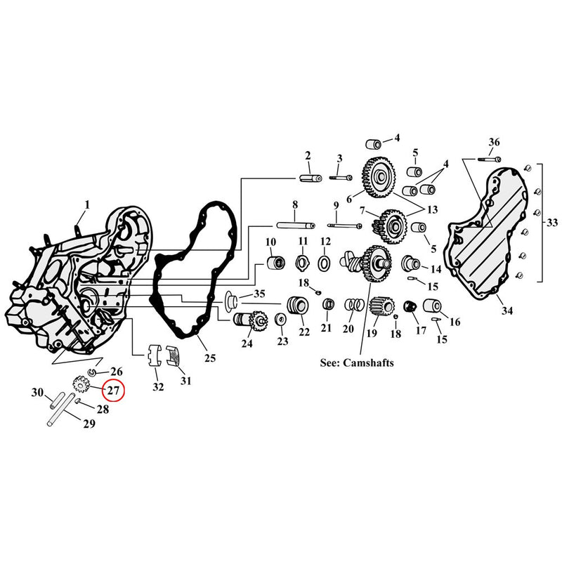 Cam Drive / Cover Parts Diagram Exploded View for Harley Knuckle / Pan / Shovel 27) 41-72 Big Twin. Driven gear, oil pump (small keywhole, will require modification). 25T. Replaces OEM: 26345-39