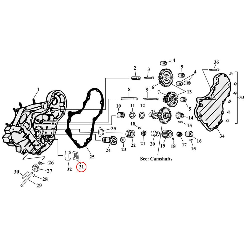 Cam Drive / Cover Parts Diagram Exploded View for Harley Knuckle / Pan / Shovel 31) 36-69 Big Twin. Breather screen. Replaces OEM: 25275-36