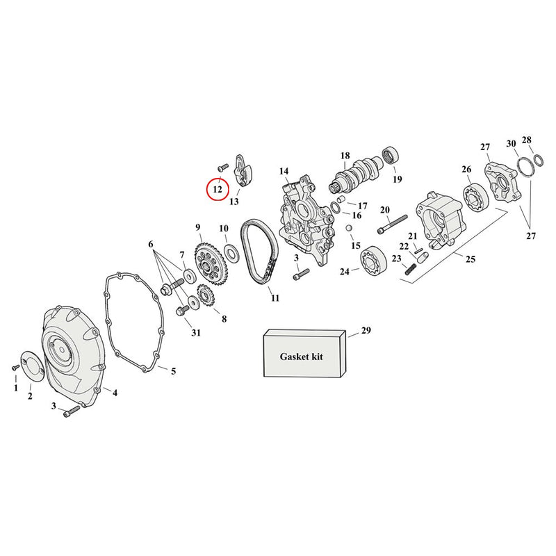 Cam Drive / Cover Parts Diagram Exploded View for Harley Milwaukee Eight 12) 17-23 M8. Buttonhead torx screw 1/4-20x3/4 with lockpatch grade 8. Replaces OEM: 942