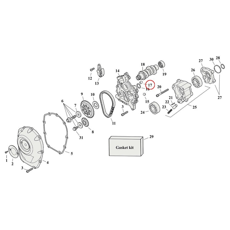 Cam Drive / Cover Parts Diagram Exploded View for Harley Milwaukee Eight 17) 17-23 M8. Dowel pin, case to cam support. Replaces OEM: 16589-99A