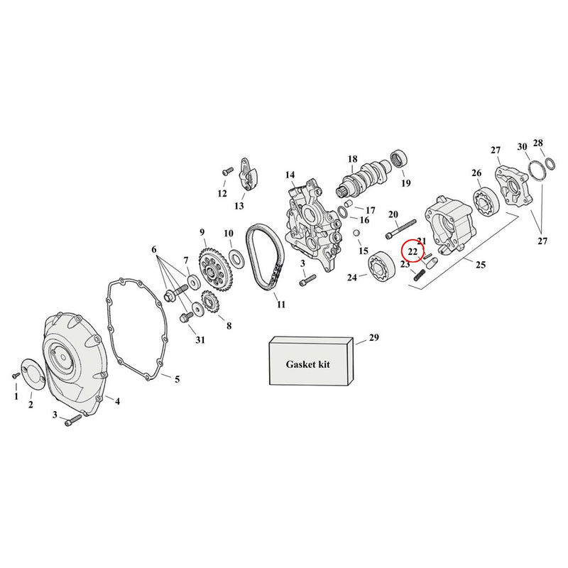 Cam Drive / Cover Parts Diagram Exploded View for Harley Milwaukee Eight 22) L17-23 M8. S&S relief valve, oil pump bypass. Replaces OEM: 26400-82B