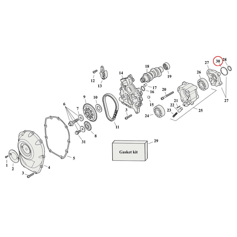 Cam Drive / Cover Parts Diagram Exploded View for Harley Milwaukee Eight 30) 19-21 M8. Oil seal, oil pump cover.