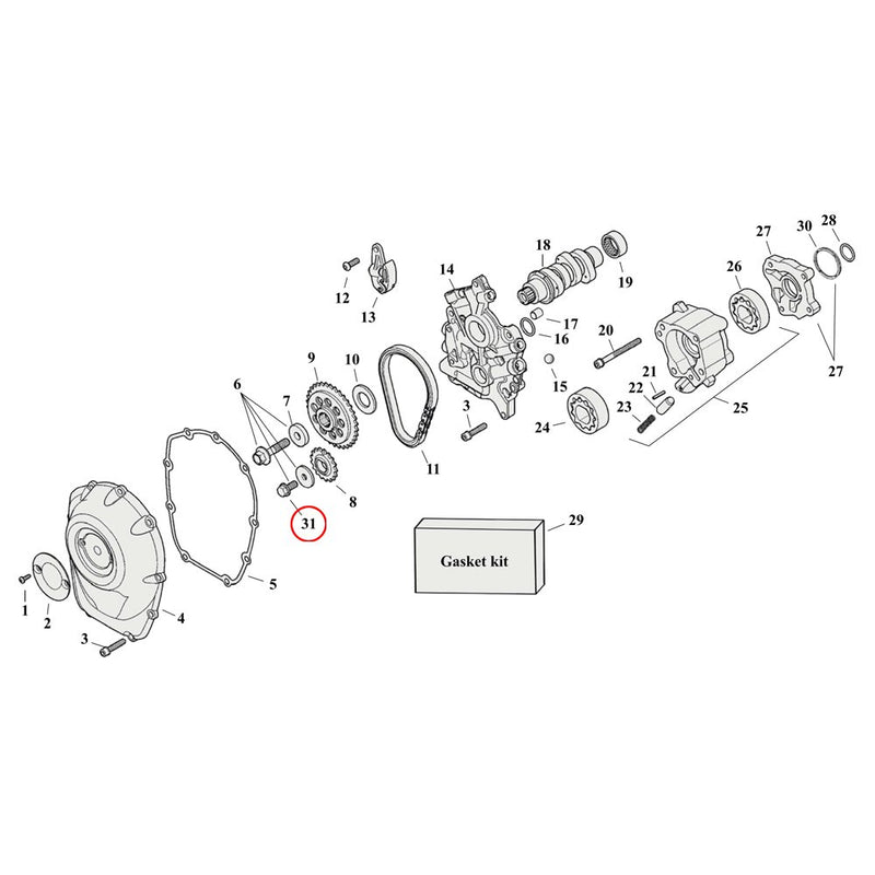 Cam Drive / Cover Parts Diagram Exploded View for Harley Milwaukee Eight 31) 17-23 M8. S&S, flanged bolt only, pinion gear. 5/16-18 x 3/4"