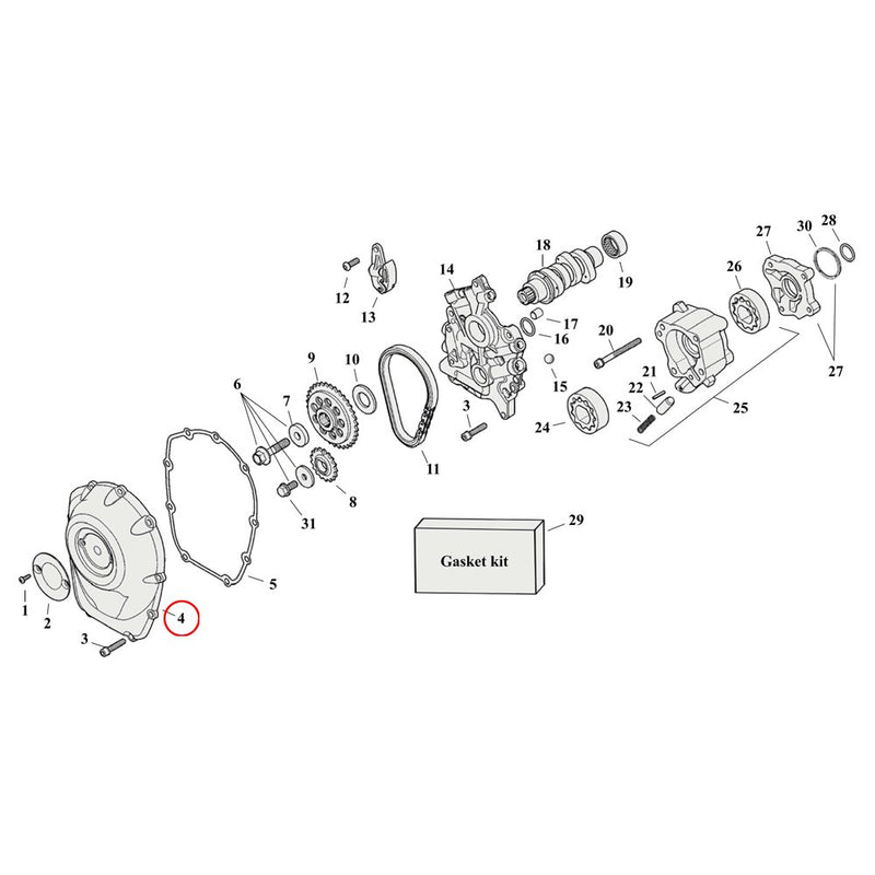 Cam Drive / Cover Parts Diagram Exploded View for Harley Milwaukee Eight 4) 17-23 M8. Cam cover.