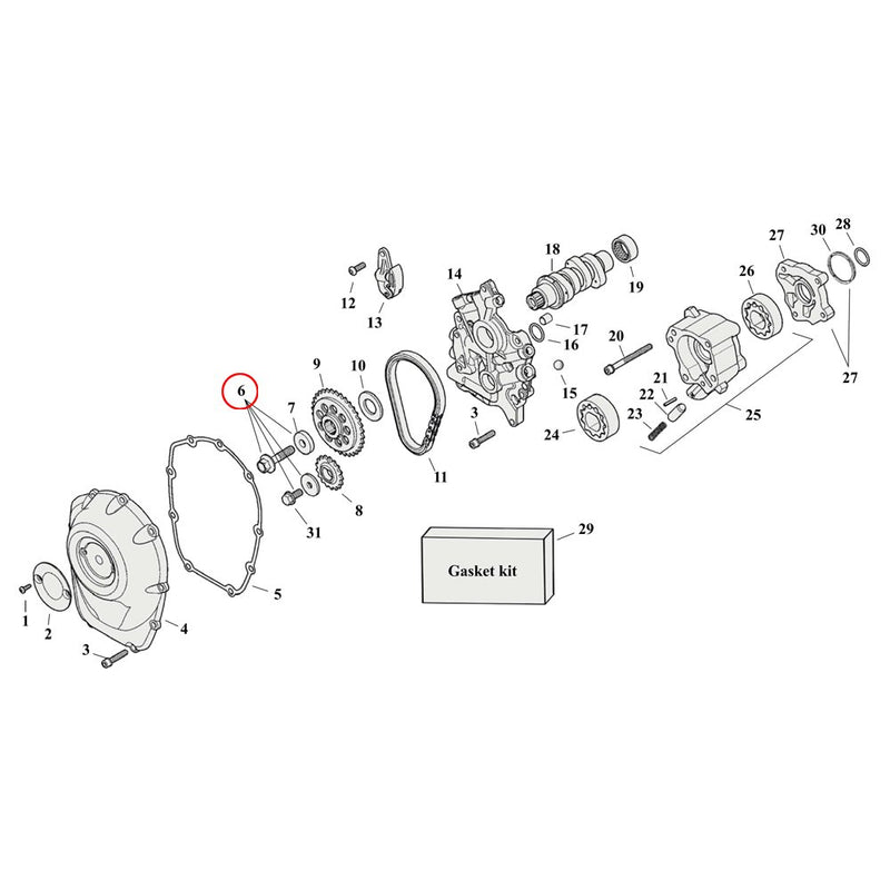 Cam Drive / Cover Parts Diagram Exploded View for Harley Milwaukee Eight 6) 17-23 M8. Retention kit, cam drive sprocket. Screws & washers. Replaces OEM: 25566-06