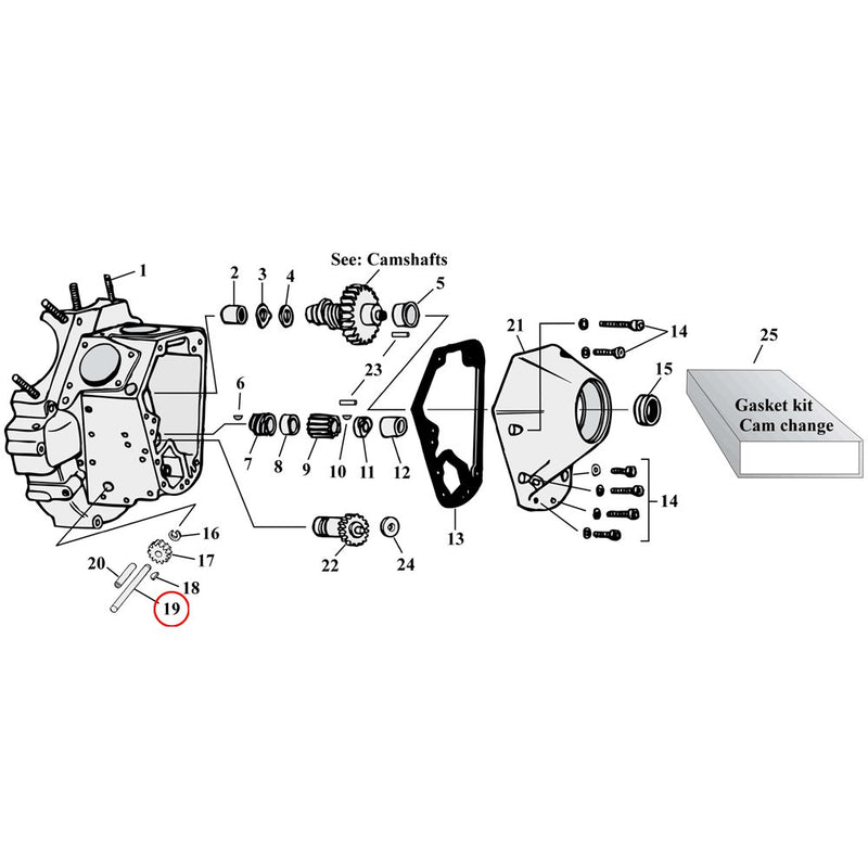 Cam Drive / Cover Parts Diagram Exploded View for Harley Shovelhead & Evolution Big Twin 19) 70-99 Big Twin. S&S oil pump drive shaft. Replaces OEM: 26346-70