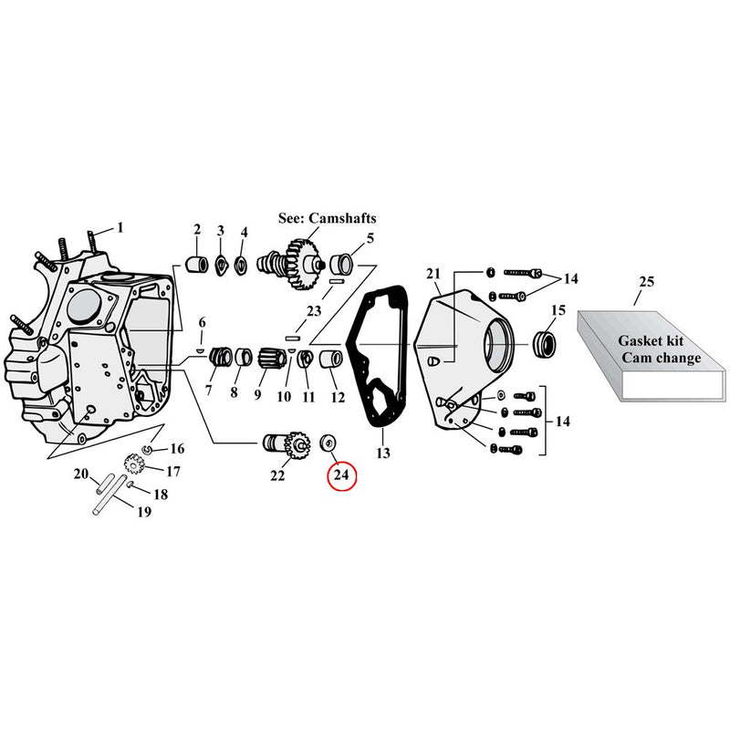 Cam Drive / Cover Parts Diagram Exploded View for Harley Shovelhead & Evolution Big Twin 24) 50-E77 Big Twin (with steel breather valve only). Steel breather valve thrust washers (.110"). Replaces OEM: 25316-52