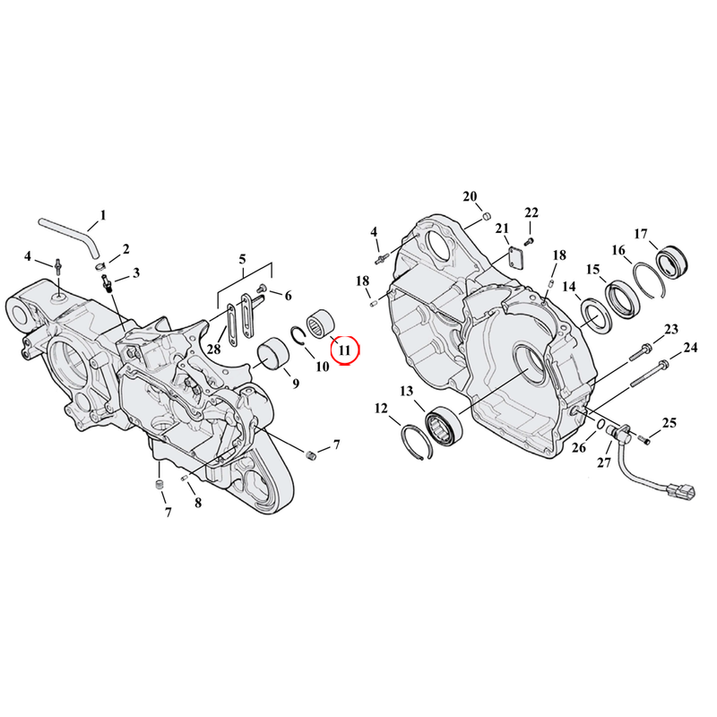 Crankcase Parts Diagram Exploded View for 04-22 Harley Sportster 11) 87-22 XL & XR1200. Bearing, pinion shaft. Red. Replaces OEM: 24650-87