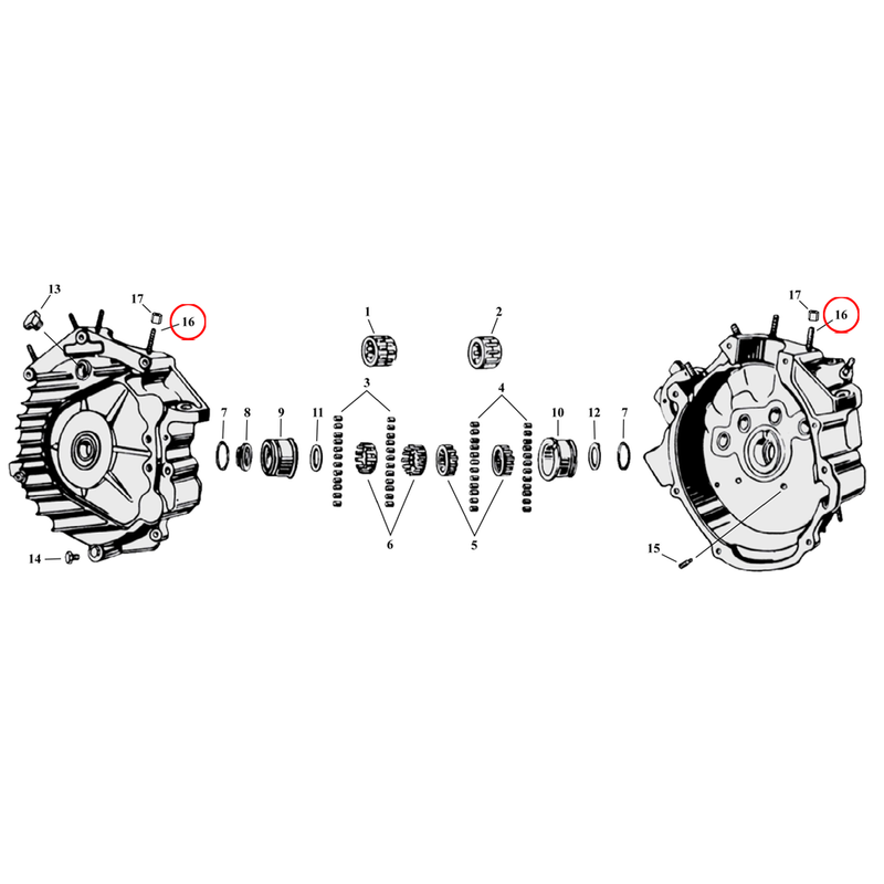 Crankcase Parts Diagram Exploded View for Harley 45" Flathead 16) 30-73 45" SV. Stud, cylinder base (set of 4). Replaces OEM: 16830-29A