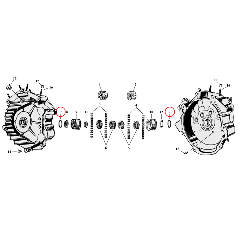 Crankcase Parts Diagram Exploded View for Harley 45" Flathead 7) 39-73 45" SV. Retaining ring, left & right. Replaces OEM: 24701-39