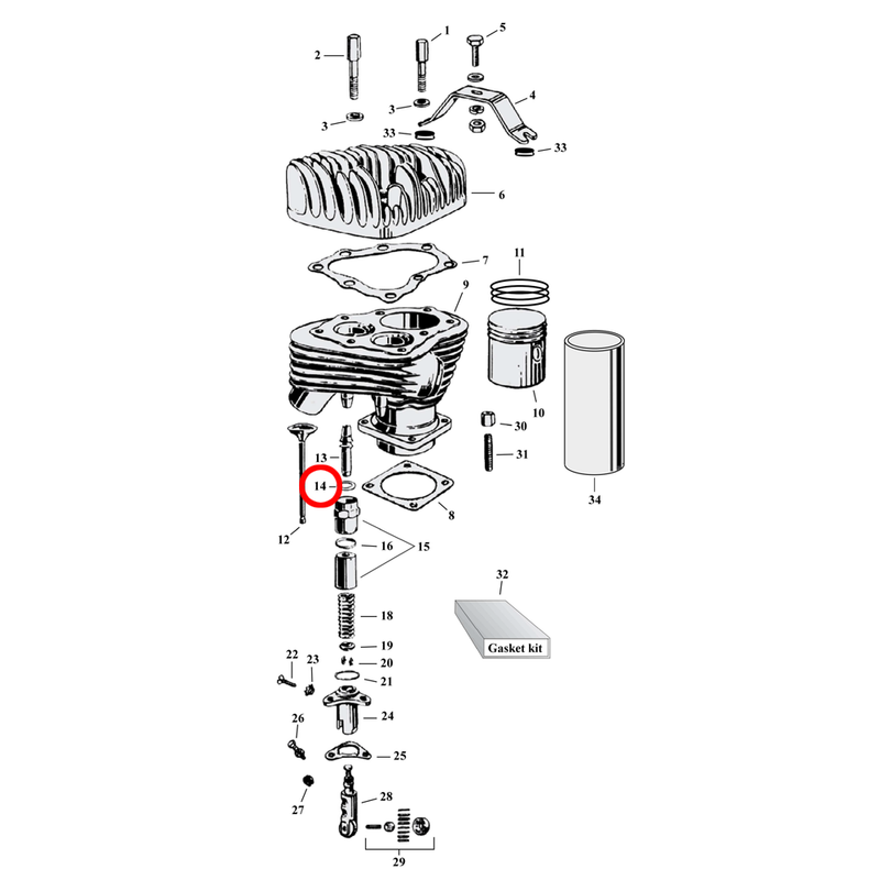 Cylinder Parts Diagram Exploded View for Harley 45" Flathead 14) 38-73 45" SV. James. Gasket valve guide. Replaces OEM: 18198-38