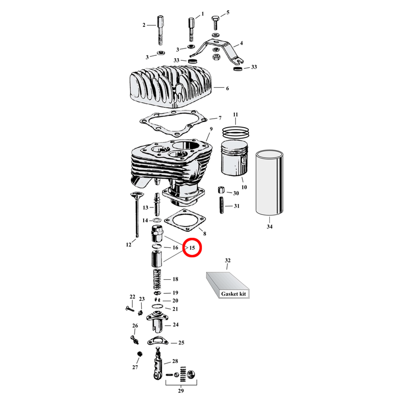 Cylinder Parts Diagram Exploded View for Harley 45" Flathead 15) 32-73 45" SV. Valve spring cover set. Upper & lower. Replaces OEM: 18239-41 and 18255-31A