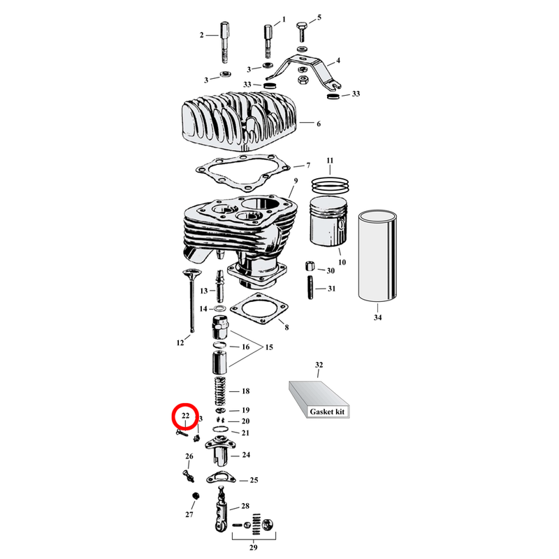 Cylinder Parts Diagram Exploded View for Harley 45" Flathead 22) 37-73 45" SV. Screw kit, tappet guide. Zinc. Replaces OEM: 2329HW