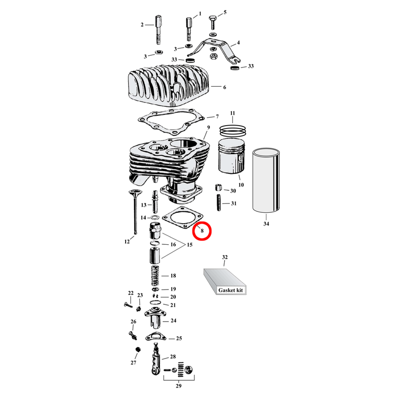 Cylinder Parts Diagram Exploded View for Harley 45" Flathead 8) 29-73 45" SV. James base gasket. Replaces OEM: 16775-29