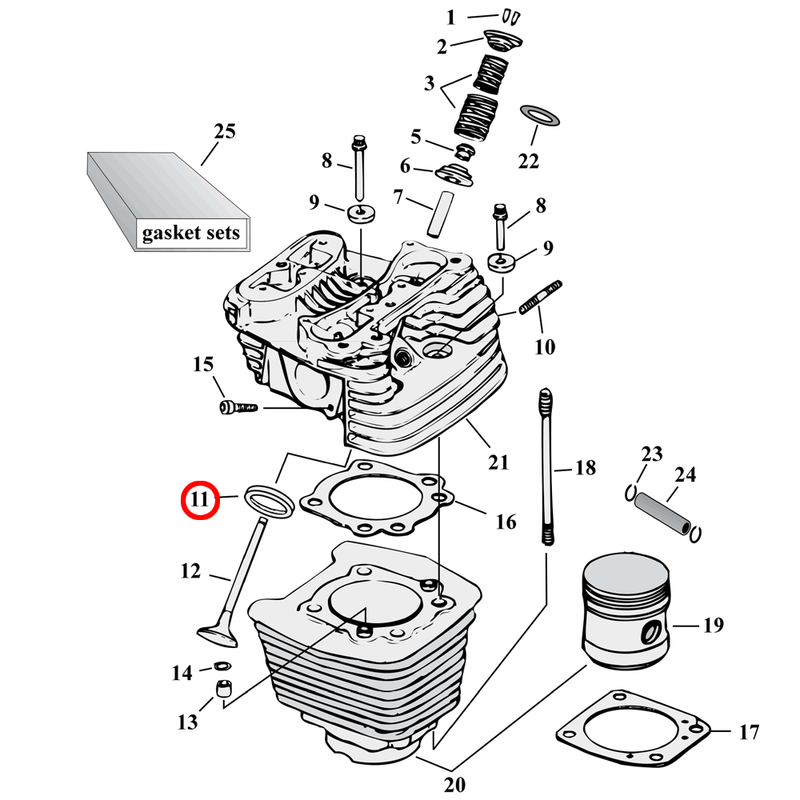 Cylinder Parts Diagram Exploded View for Harley Evolution Big Twin 11) 84-99 Big Twin. KPMI exhaust valve seat.
