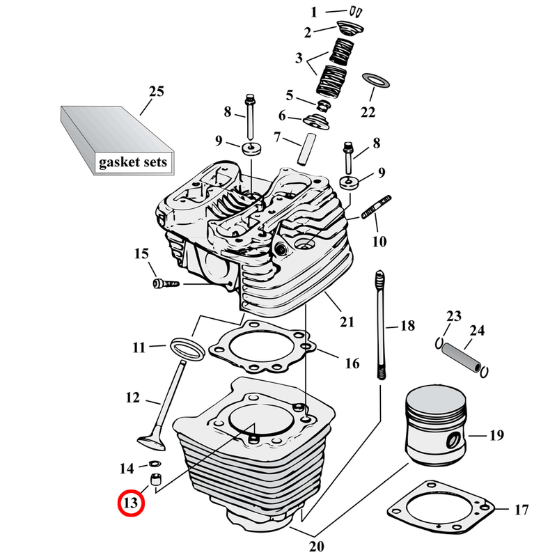Cylinder Parts Diagram Exploded View for Harley Evolution Big Twin 13) 84-99 Big Twin. KPMI cylinder dowel (set of 4). Replaces OEM: 16573-83A