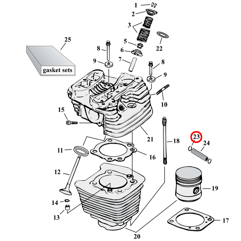 Cylinder Parts Diagram Exploded View for Harley Evolution Big Twin 23) 84-99 Big Twin. Retaining ring. Replaces OEM: 22589-83A