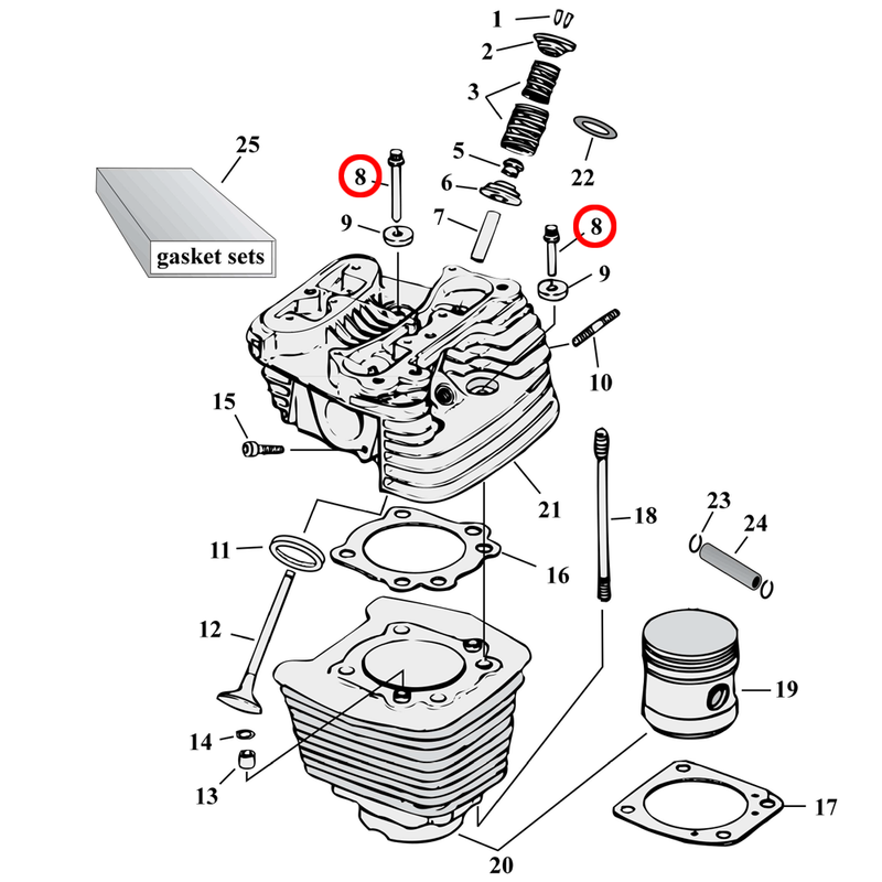 Cylinder Parts Diagram Exploded View for Harley Evolution Big Twin 8) 84-E85 Big Twin. Head bolt kit without washers.