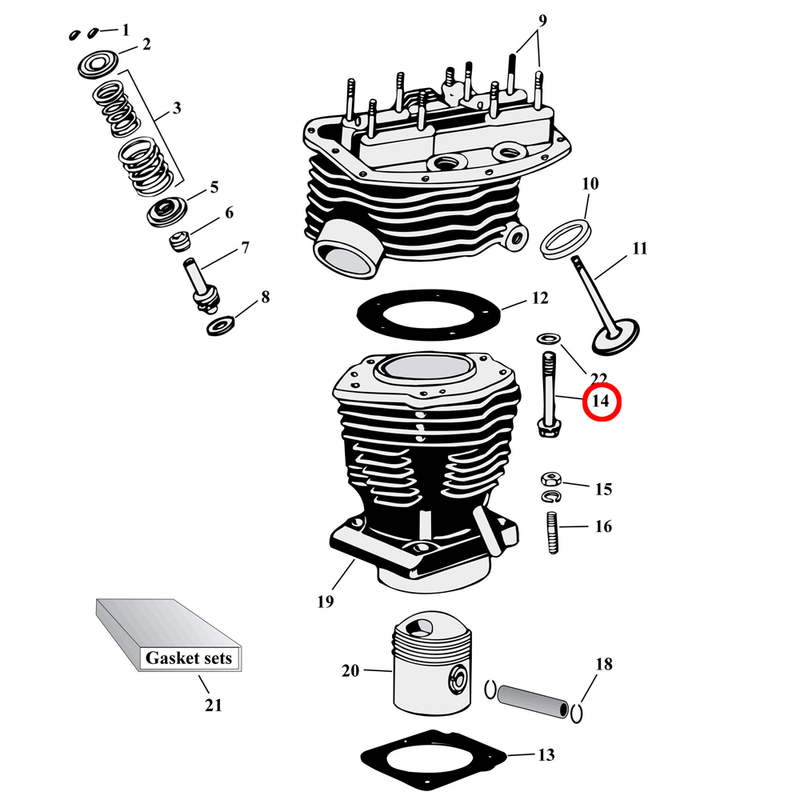 Cilinderonderdelendiagram met explosietekening voor Harley Panhead