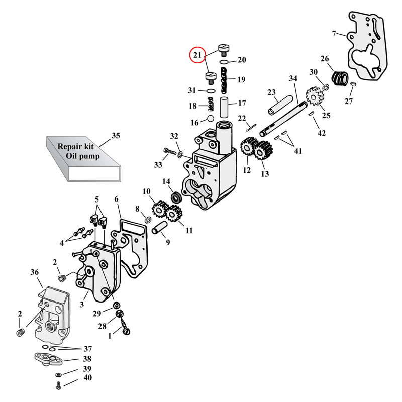 Oil Pump Parts Diagram Exploded View for Harley Shovelhead & Evolution Big Twin 21) 81-99 Big Twin. Oil pump plug kit (3 plugs), hex.