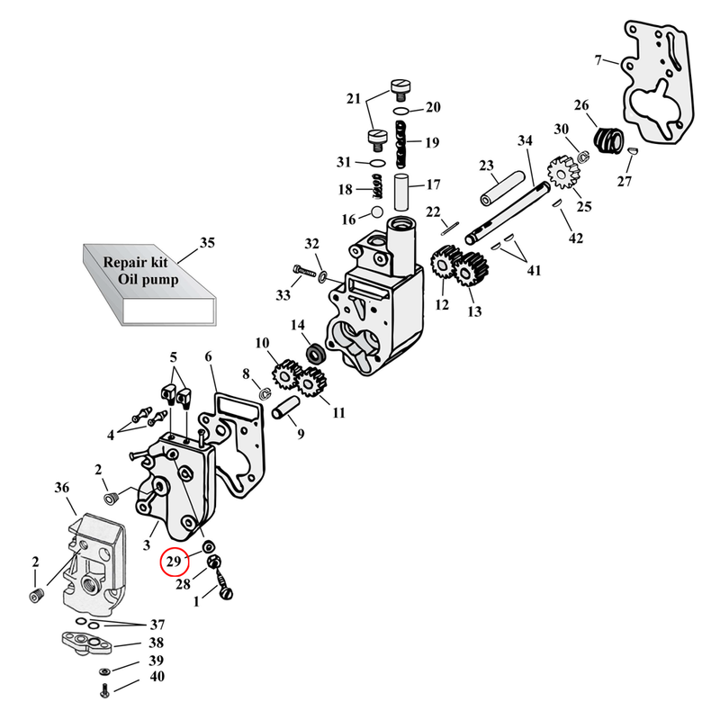 Oil Pump Parts Diagram Exploded View for Harley Shovelhead & Evolution Big Twin 29) 41-69 Big Twin. James, brass seal washer. Replaces OEM: 6156