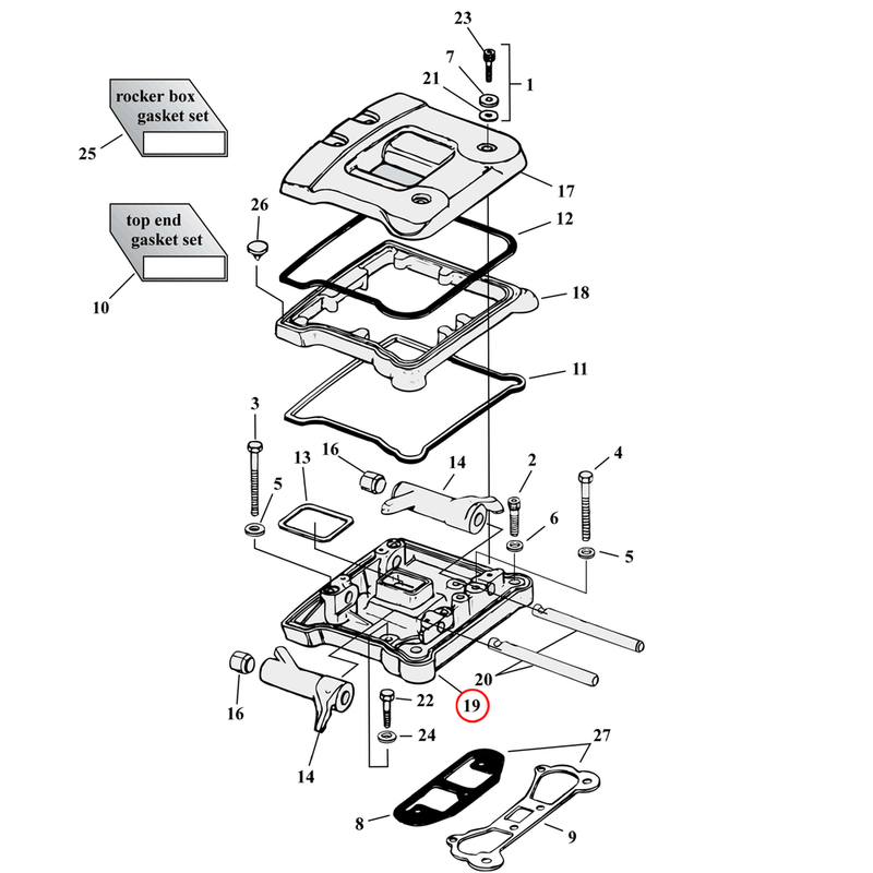 Rocker Box Parts Diagram Exploded View for Harley Evolution Big Twin 19) 92-99 Big Twin. Rocker cover, lower. Chrome. Replaces OEM: 17530-92