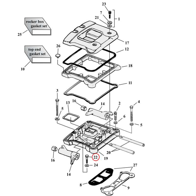 Rocker Box Parts Diagram Exploded View for Harley Evolution Big Twin 22) 84-99 Big Twin. Hex bolt, 1/4-20 x 1 1/4" (set of 25). Replaces OEM: 3997A