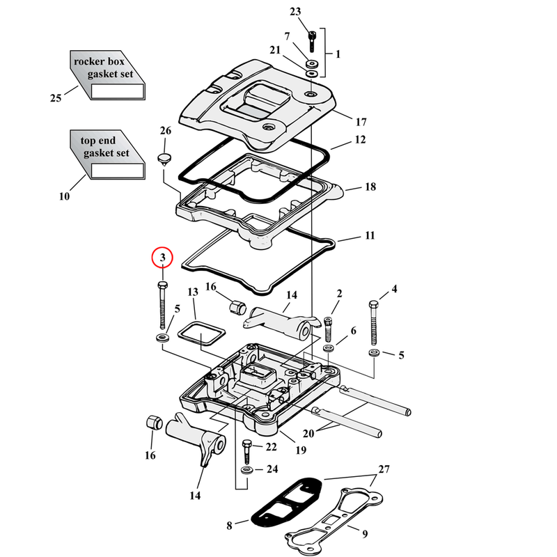 Rocker Box Parts Diagram Exploded View for Harley Evolution Big Twin 3) 84-99 Big Twin. Hex bolt (set of 5). 5/16-18 x 2 3/4". Replaces OEM: 3500