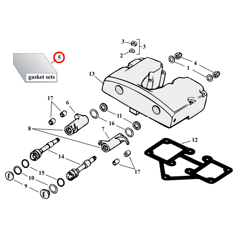 Rocker Box Parts Diagram Exploded View for Harley Shovelhead 5) 66-84 Shovelhead. James top end gasket kit, incl. cylinder head and base gaskets. Replaces OEM: 17034-66