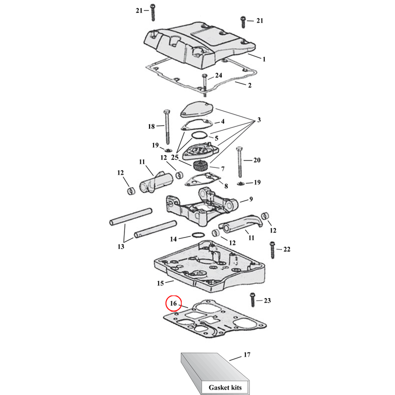 Rocker Box Parts Diagram Exploded View for Harley Twin Cam 16) 99-17 TCA/B. James, metal base silicone gasket, lower rocker cover (set of 2). Replaces OEM: 16719-99B