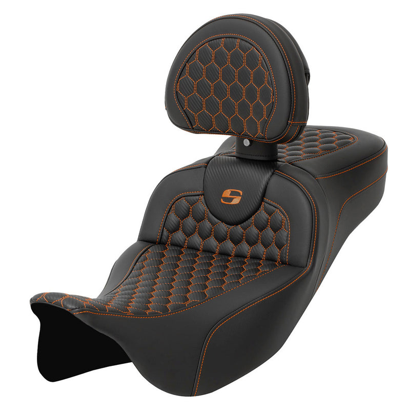 Saddlemen Roadsofa Extended Reach Honeycomb Seat for Harley 08-25 Touring (excl. 23-25 CVO; 24-25 Road Glide / Street Glide) / Black / Orange / Without heating / With backrest  - Customhoj