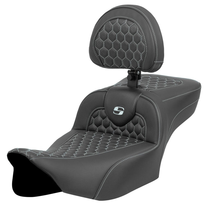 Saddlemen Roadsofa Extended Reach Honeycomb Seat for Harley 24-25 Touring Road Glide / Street Glide / Black / Silver / Without heating / With backrest  - Customhoj