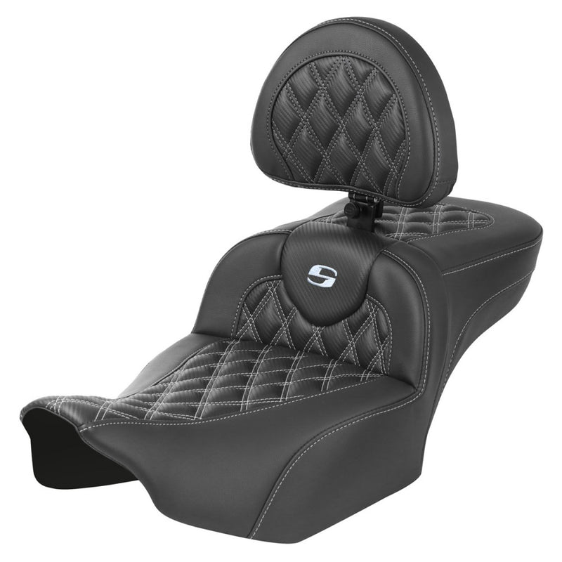 Saddlemen Roadsofa Extended Reach Lattice Stitch Seat for Harley 24-25 Touring Road Glide / Street Glide / Carbon Fiber / Silver / Without heating / With backrest  - Customhoj